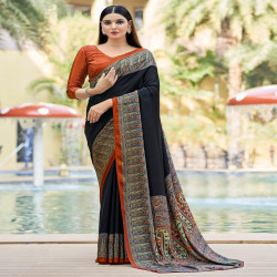 Premium Silk Crepe Printed Saree with Traditional Designer Border & Pallu